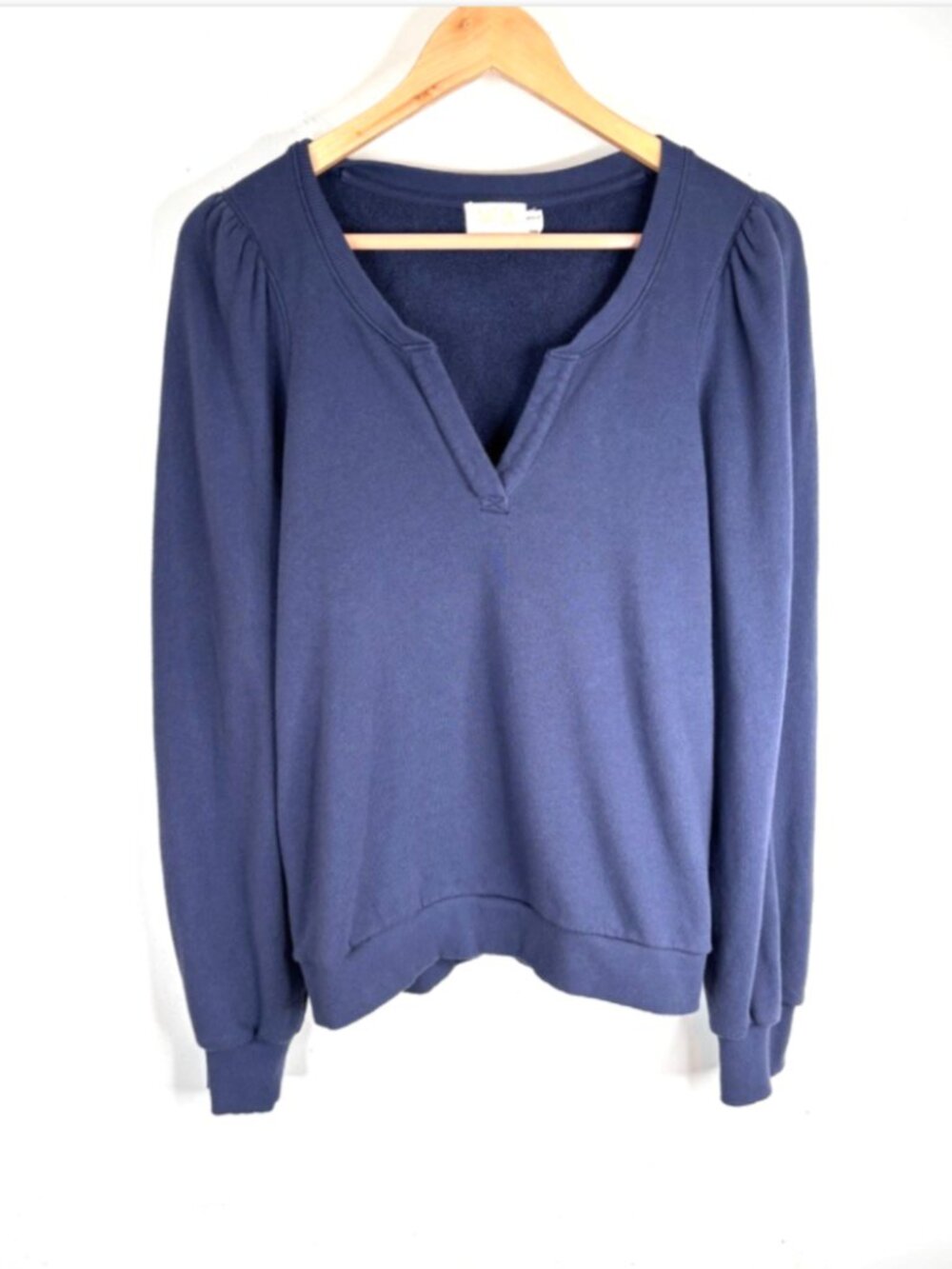 Nation LTD Womens Large Navy Blue Split Neck Puff Sleeve Sweatshirt French Terry